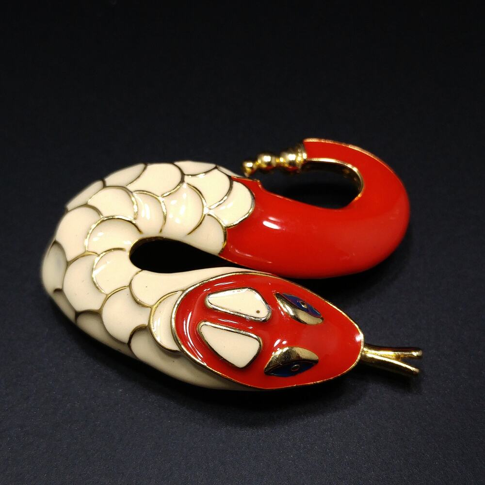 Vintage Rattlesnake Enamel Brooch, Gold Plated, Red & White Enamel, 1960s